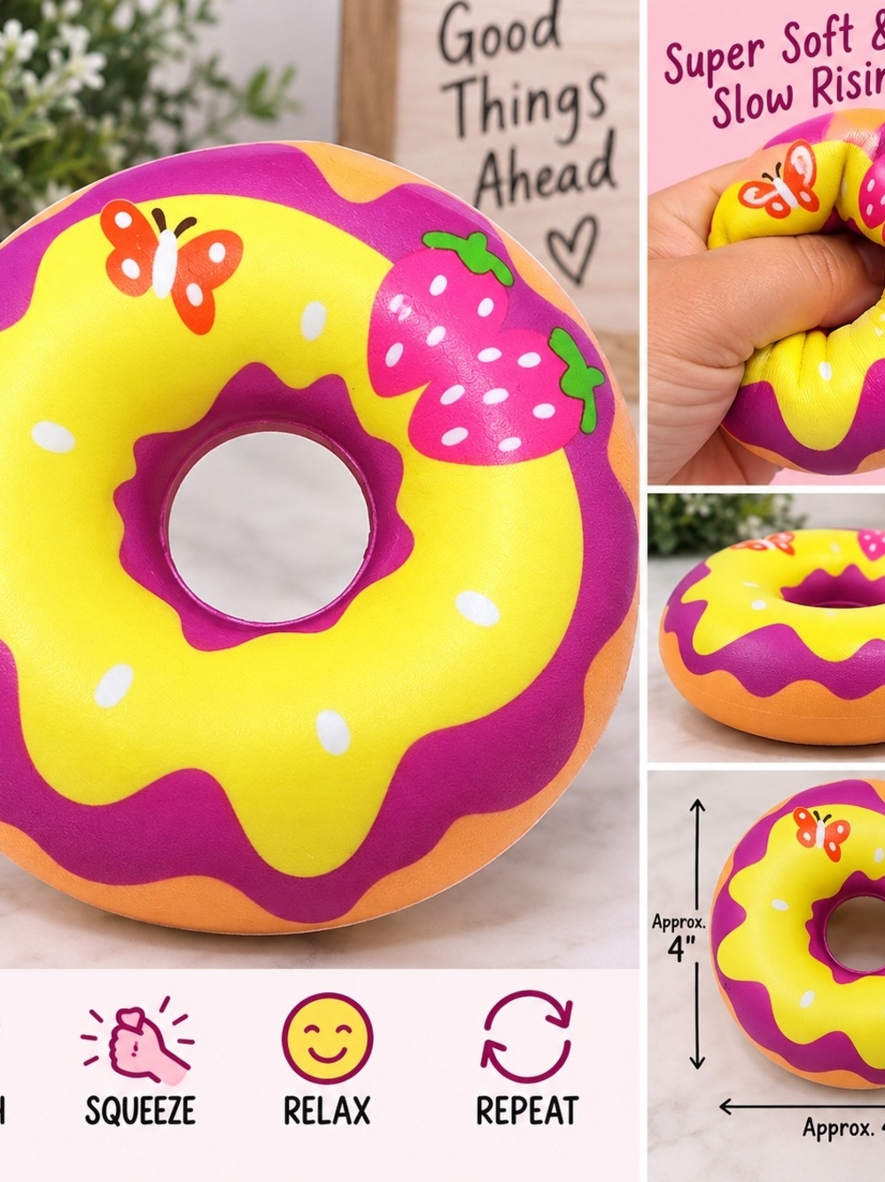 Kids Donut Squishy Toy - Yellow & Pink Slow-Rise Stress Reliever